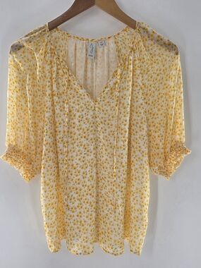 Joie Yellow Floral V-Neck Peasant Blouse Short Sleeve Womens Size Small